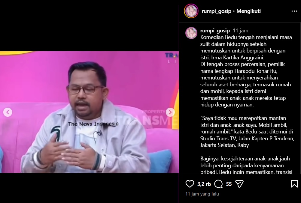 Bedu berikan rumah dan mobil untuk anak dan istri usai bercerai.